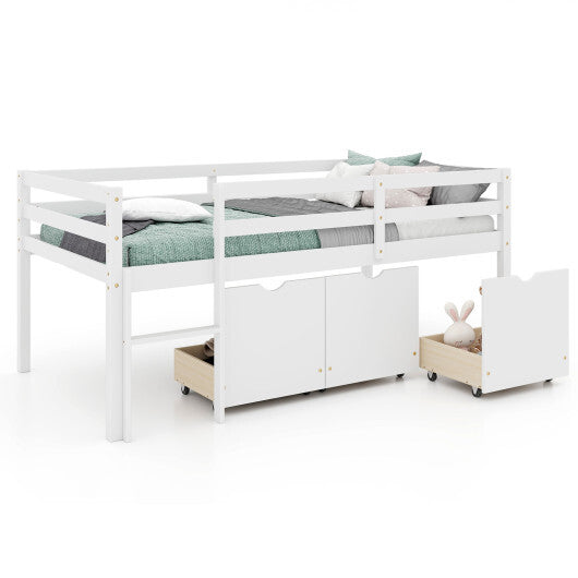 Twin Size Low Loft Bed with 3 Drawers with Ladder and Full-length Guardrails-Gray