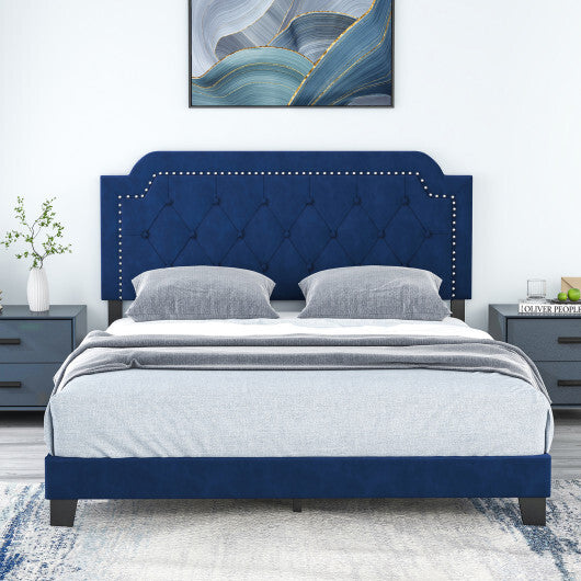 Queen Size Velvet Platform Bed with Button Tufted and Nailhead Trim Headboard-Queen Size