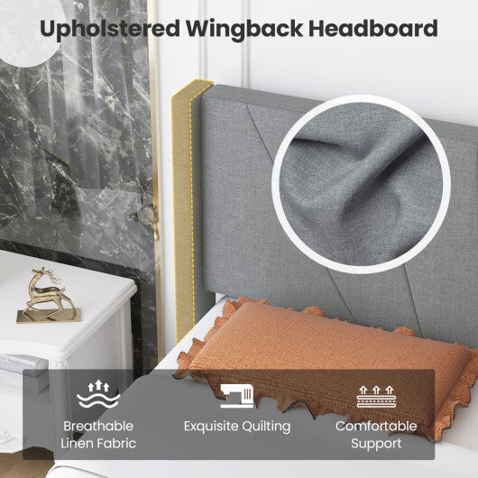 Twin/Queen Bed Frame with Linen Upholstered Wingback Headboard-Twin Size