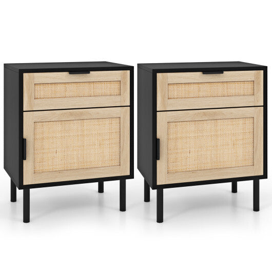 Rattan Nightstand Set of 2 with Drawer and Cabinet-Natural W2B
