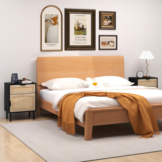 Rattan Nightstand Set of 2 with Drawer and Cabinet-Natural W2B