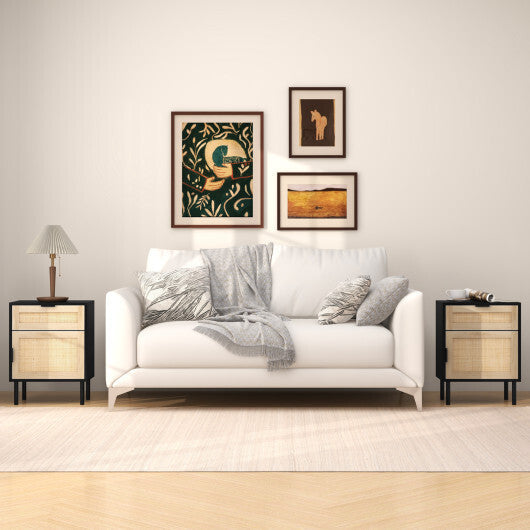 Rattan Nightstand Set of 2 with Drawer and Cabinet-Natural W2B