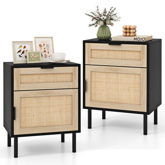 Rattan Nightstand Set of 2 with Drawer and Cabinet-Natural W2B