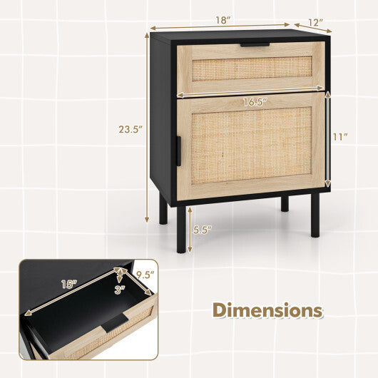 Rattan Nightstand Set of 2 with Drawer and Cabinet-Natural W2B