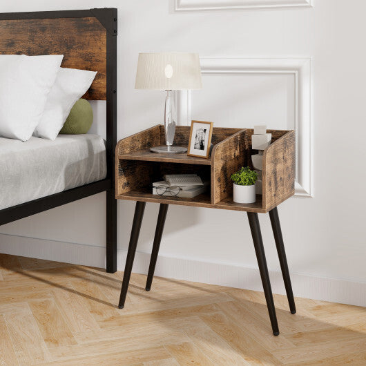 Mid Century Modern Nightstand  with Open Shelves-Brown W2B