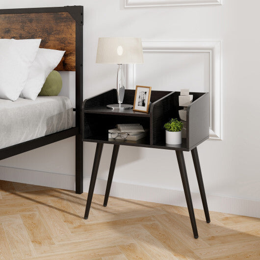 Mid Century Modern Nightstand  with Open Shelves-Brown W2B