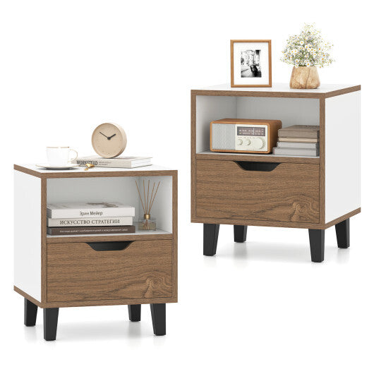 Nightstand Set of 2 with Drawer and Open Storage Shelf for Bedroom-White W2B