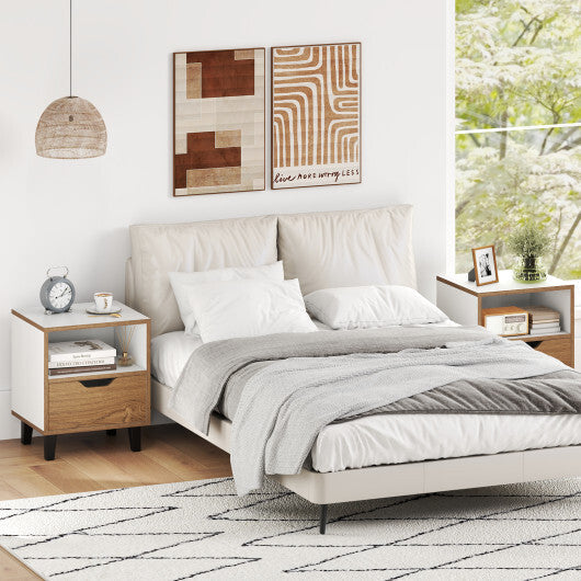 Nightstand Set of 2 with Drawer and Open Storage Shelf for Bedroom-White W2B
