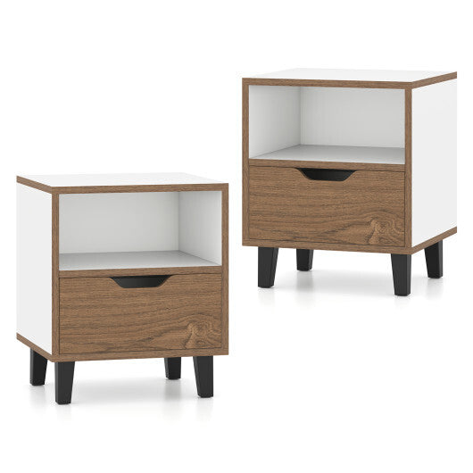 Nightstand Set of 2 with Drawer and Open Storage Shelf for Bedroom-White W2B
