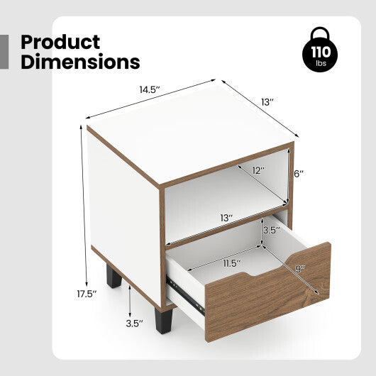 Nightstand Set of 2 with Drawer and Open Storage Shelf for Bedroom-White W2B