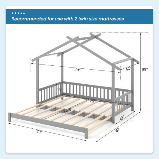 Extendable House Bed Twin to King Daybed with Roof and Fence Rails-Gray
