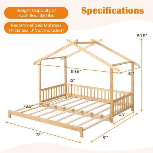 Extendable House Bed Twin to King Daybed with Roof and Fence Rails-Gray
