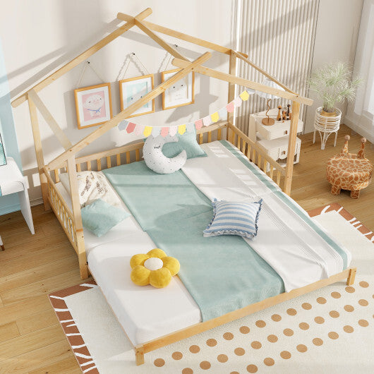 Extendable House Bed Twin to King Daybed with Roof and Fence Rails-Gray