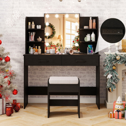 Vanity Set with Lighted Mirror and Stool with Power Outlet-Black