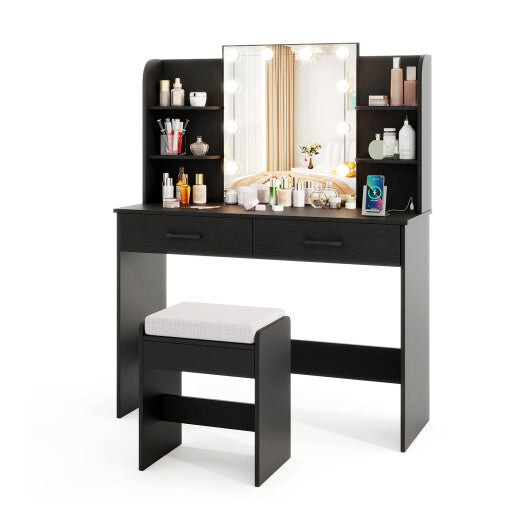 Vanity Set with Lighted Mirror and Stool with Power Outlet-Black