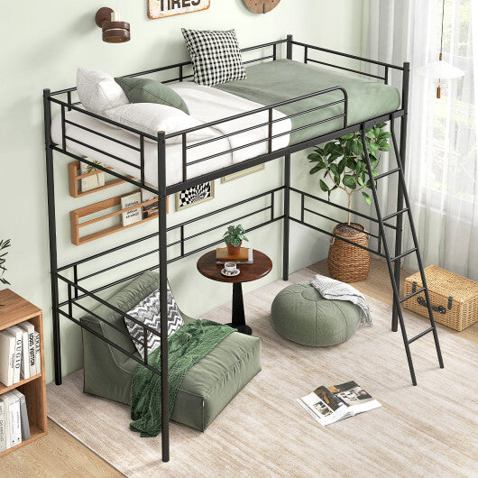 Twin Size Loft Bed Metal Bed Frame with Ladder and Guardrails-Black