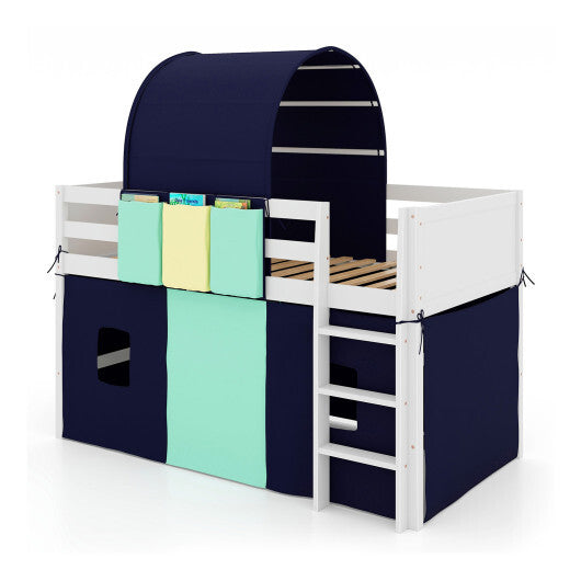 Twin Size Loft Bed Playhouse Bed Frame with Tower Tent and 3 Storage Pockets-Navy W2B