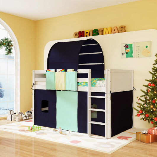 Twin Size Loft Bed Playhouse Bed Frame with Tower Tent and 3 Storage Pockets-Navy W2B