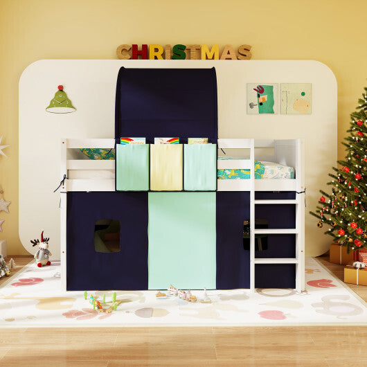 Twin Size Loft Bed Playhouse Bed Frame with Tower Tent and 3 Storage Pockets-Navy W2B