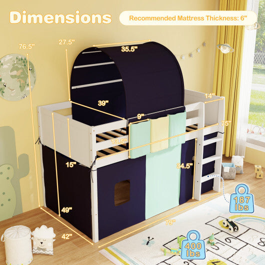 Twin Size Loft Bed Playhouse Bed Frame with Tower Tent and 3 Storage Pockets-Navy W2B