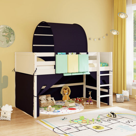 Twin Size Loft Bed Playhouse Bed Frame with Tower Tent and 3 Storage Pockets-Navy W2B