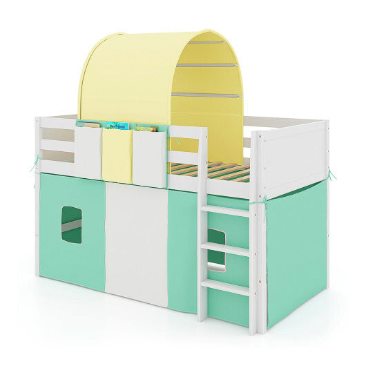 Twin Size Loft Bed Playhouse Bed Frame with Tower Tent and 3 Storage Pockets-Navy W2B