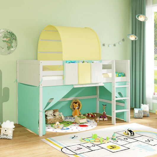 Twin Size Loft Bed Playhouse Bed Frame with Tower Tent and 3 Storage Pockets-Navy W2B