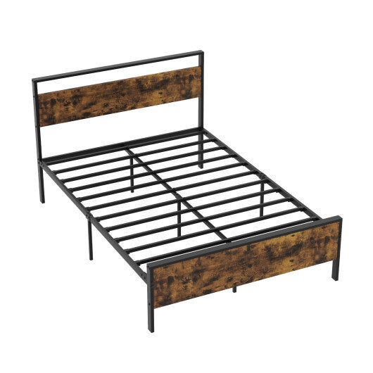Full Metal Bed Frame Industrial Platform Bed with Wooden Headboard-Full Size - Color: Rustic Brown - Size: Full Size W2B