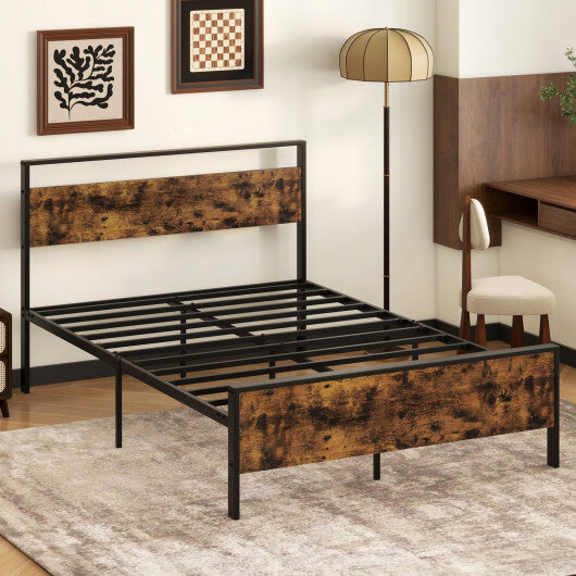 Full Metal Bed Frame Industrial Platform Bed with Wooden Headboard-Full Size - Color: Rustic Brown - Size: Full Size W2B