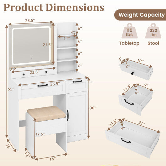 Vanity Set with Mirror and 3 Lighting Modes and Adjustable Brightness-White