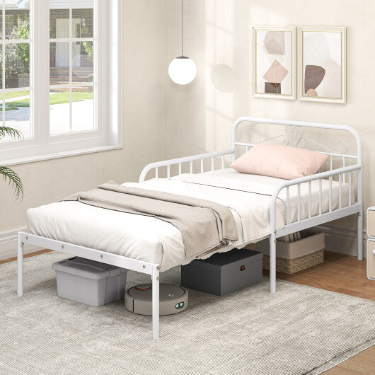 Extendable Metal Daybed to Twin Size Bed with Guardrails and Armrests-White