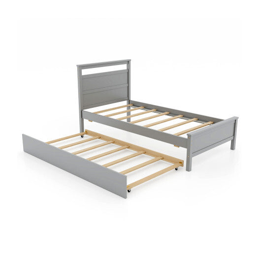 Twin Size Wooden Bed Frame with Trundle for Teens and Adults-White