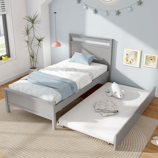 Twin Size Wooden Bed Frame with Trundle for Teens and Adults-White