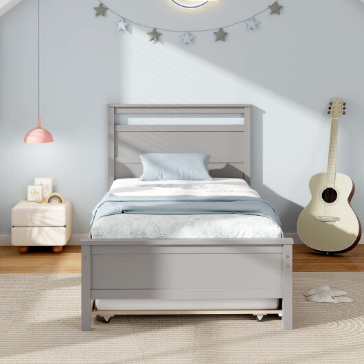 Twin Size Wooden Bed Frame with Trundle for Teens and Adults-White