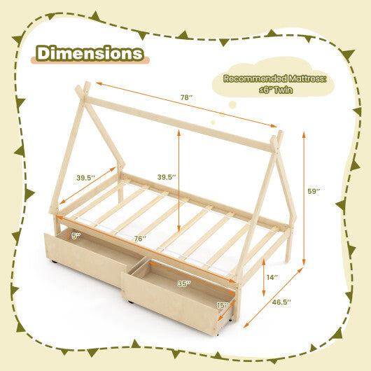 Twin Size Wooden Tent Platform House Bed with 2 Drawers-Gray