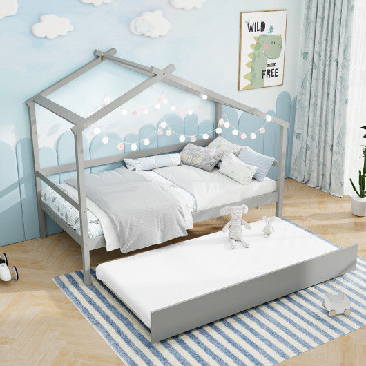 Kids Twin Size House Bed with Trundle and Roof-White