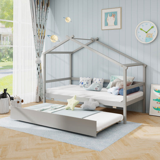 Kids Twin Size House Bed with Trundle and Roof-White
