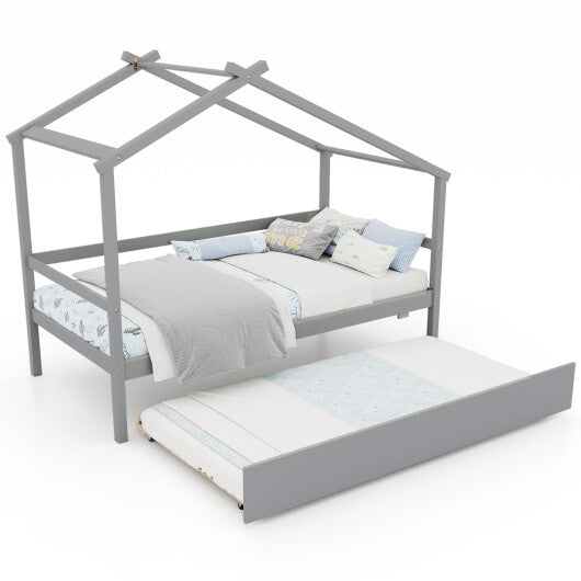 Kids Twin Size House Bed with Trundle and Roof-White