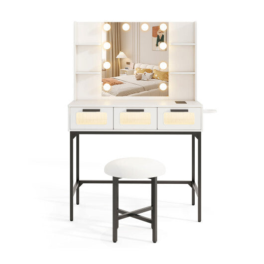 Bedroom Makeup Vanity Desk with Hollywood Mirror and Lights-White W2B