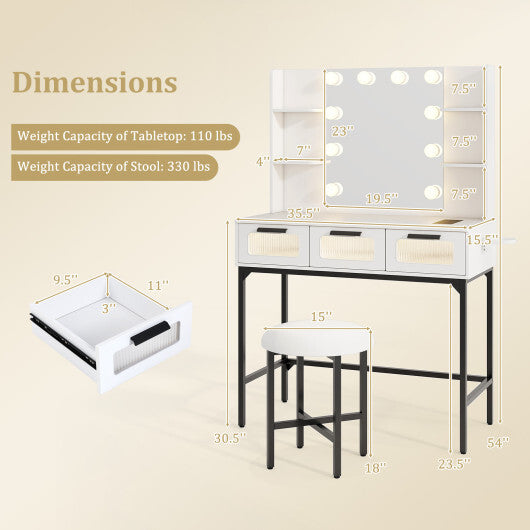 Bedroom Makeup Vanity Desk with Hollywood Mirror and Lights-White W2B
