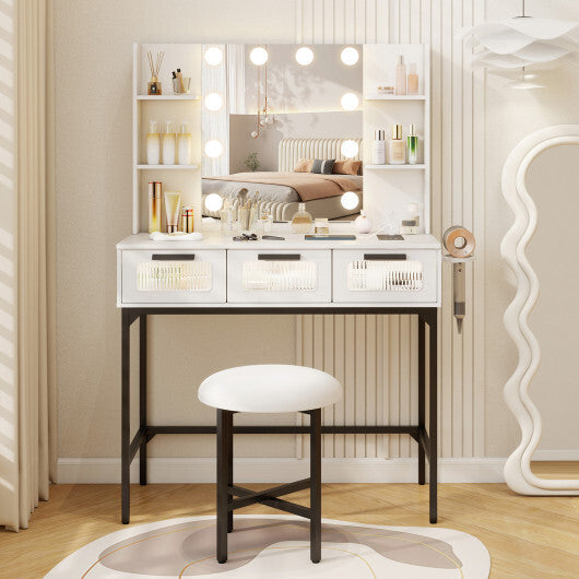 Bedroom Makeup Vanity Desk with Hollywood Mirror and Lights-White W2B