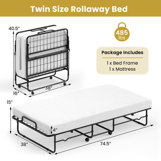 Twin Size Folding Bed with Memory Foam Mattress and Heavy-duty Metal Frame