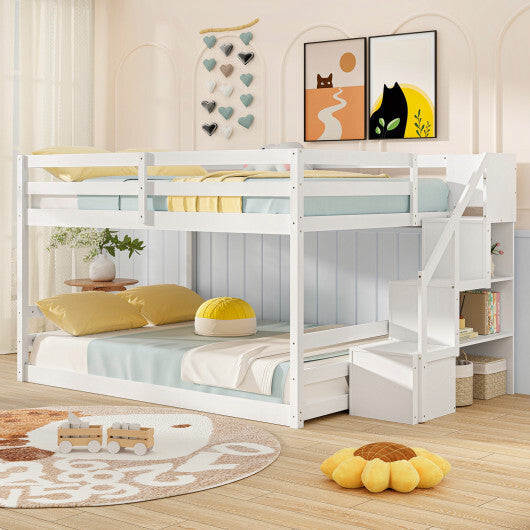 Solid Wood Full Over Full Low Bunk Bed with Storage Stairs-White W2B