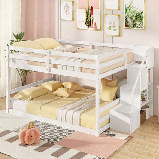 Solid Wood Full Over Full Low Bunk Bed with Storage Stairs-White W2B