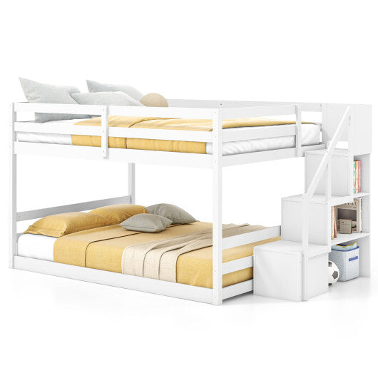 Solid Wood Full Over Full Low Bunk Bed with Storage Stairs-White W2B