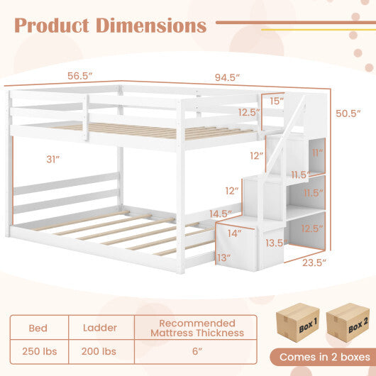 Solid Wood Full Over Full Low Bunk Bed with Storage Stairs-White W2B