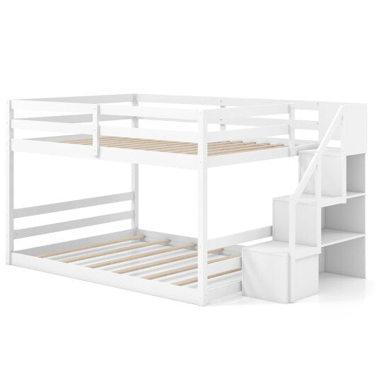 Solid Wood Full Over Full Low Bunk Bed with Storage Stairs-White W2B