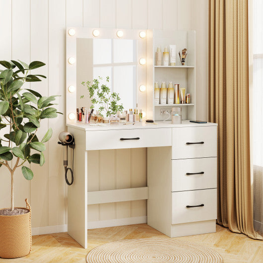 Vanity Desk with 3-Color Lights and Power Outlets-Black