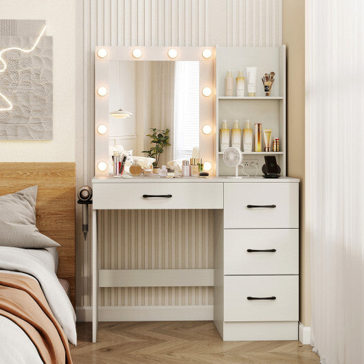 Vanity Desk with 3-Color Lights and Power Outlets-Black