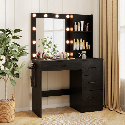 Vanity Desk with 3-Color Lights and Power Outlets-Black